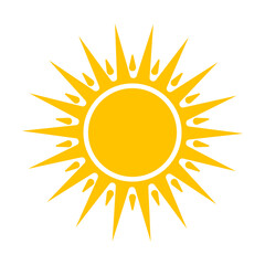 Shape of warm sun. Vector illustration of bright yellow round sun with rays in summer. Cartoon sunrise glow isolated on white