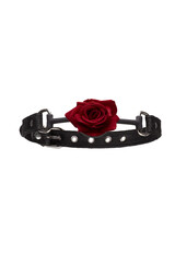 Close-up shot of a silicone ball gag with adjustable leather straps is decorated with a velvet...
