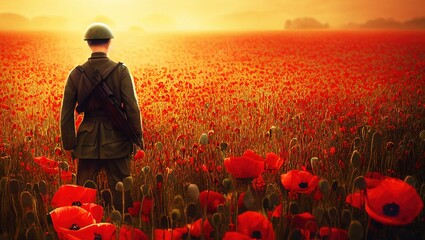 AI generated illustration of a soldier in the poppy field during golden sunset - obrazy, fototapety, plakaty
