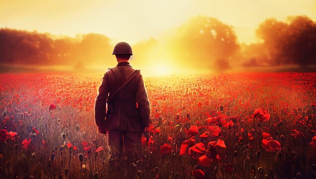 AI generated illustration of a soldier in the poppy field during golden sunset