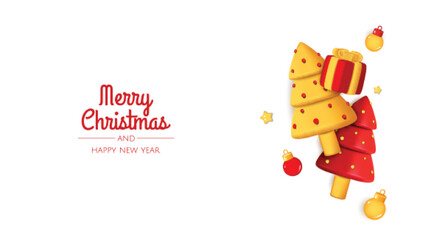 Happy New Year and Merry Christmas. Christmas holiday background with realistic 3d object, christmas balls, conical christmasl tree. Levitation falling design composition