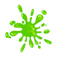 Splattered green slime splash and blob. Vector illustration of sticky mucus splat or dripping goo liquid. Cartoon slimy droplet isolated on white