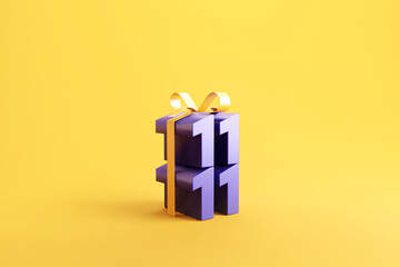 11.11 Shopping day sale promotion in gift box on yellow background, idea and creative, copy space. 3d render.