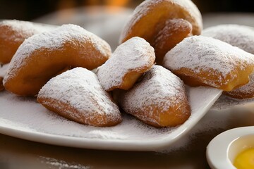 Close-up of beignets on a white plate served with sugar powder - obrazy, fototapety, plakaty