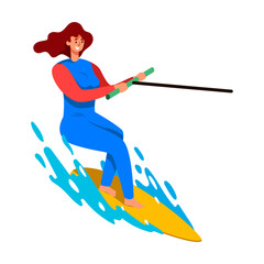 On board behind boat. Water sport cartoon vector illustration. People doing ocean diving, surfing, windsurfing, canoeing isolated on white