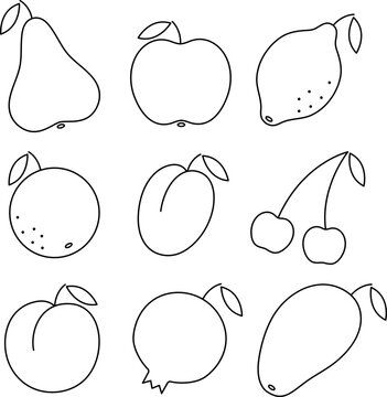 Vector set: linear black on white sketches of fruits. Pear, apple, lemon, orange, pear, cherry, peach, pomegranate, mango. Line art elements for design coloring book, card.