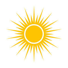 Shape of energizing sun. Vector illustration of bright yellow round sun with rays in summer. Cartoon sunrise glow isolated on white