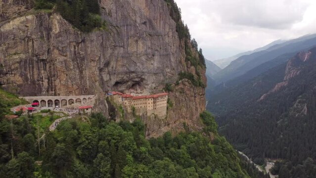 Aerial view of mountain Sumela Monastery in Trabzon Province of Turkey, 4k