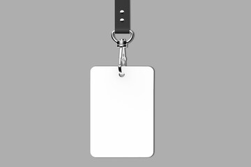 Realistic identification badge blank mockup. white accreditation ID card with black leather ribbon. 3d rendering. - obrazy, fototapety, plakaty