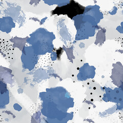 Blue, white, gray and black watercolor stains and specks overlap each other. Delicate light background. Watercolor abstract seamless texture.