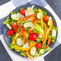 Vegetables salad with pepper, tomato and cucumber on a plate. Top view