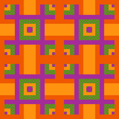 Modern bright geometry background. Vector seamless pattern. Square, polka dots. Pumpkin orange, green, purple violet color. Cute print. Wallpaper Geometric sample. Сreative Design. Vibrant scheme.