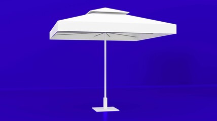 Promotion Square Advertising Outdoor Garden White Umbrella Umbrella. Mock Template. Isolated umbrella On Blue Background. Ready For Your Design. Product Packaging. 3d rendering. © adobedesigner