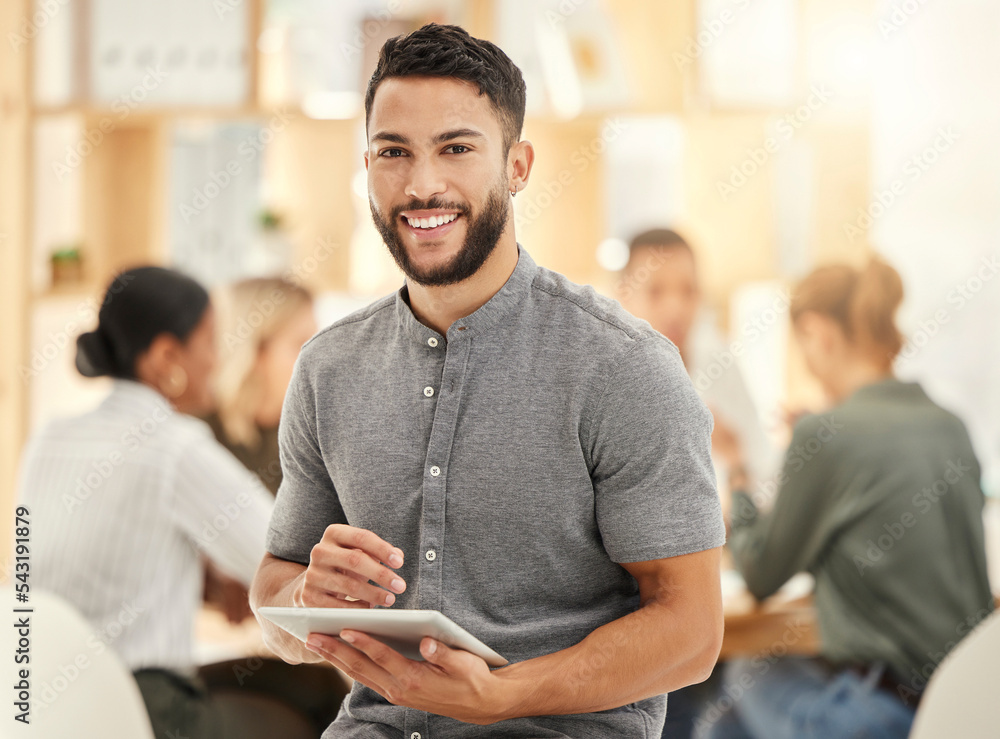 Leinwandbilder web design, meeting and portrait of businessman with tablet in hand, standing in office. success, te