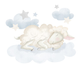 Cute little Sheep sleeping on the cloud with stars. Hand drawn Watercolor illustration with baby Lamb. Drawing for kids textile design, baby graphics for wallpapers and prints. Sketch of funny animal
