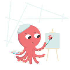 Illustration of a cartoon character, a red octopus in a beret stands near an easel and paints with a palette knife.