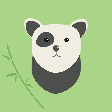 The picture is a minimal black and white bear or panda with green bamboo and leaves. Vector illustration isolated on a green background.