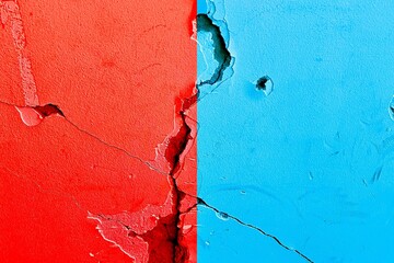 Opposed colors background, abstract political election conflicts concept, e.g., US (United State), Republican party red color VS Democratic party blue color together painted on cracked wall.