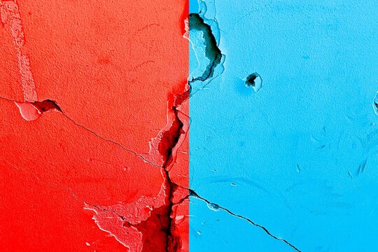 Opposed colors texture banner, abstract political election conflicts concept background, e.g., USA, Republican party red color VS Democratic party blue color together painted on weathered cracked wall