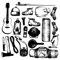 A set of items for a hike. Everything you need to relax in the forest. Doodle illustration