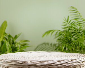 Empty podium on a green background with green leaves. Natural product display for presentation. Eco...