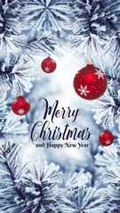 Christmas background for mobile with branches, decorations and text