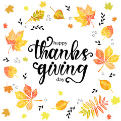 Fototapeta na wymiar Happy Thanksgiving typography card with autumn leaves, twigs and berries. Banner for thanksgiving.