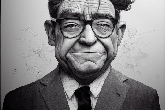 Portrait Of A Funny-looking Old Man With Glasses. Pencil, Black And White, Close View, Old Style, Very Realistic