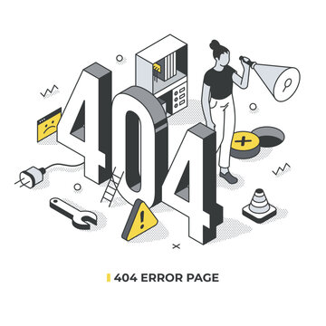 Concept 404 error. Page not found or unavailable. Woman with flashlight trying to find way out. Isometric vector illustration with isolated objects for web page