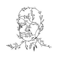 Creepy Human face made of wild plants, line art flowers, Hand drawn