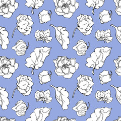 Drawn seamless vector floral pattern. White silhouette on a blue background. Peony. Saintpaulia. Floral print. Black silhouette.