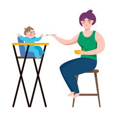 Mom feeding baby. Vector illustration of woman with newborn child. Cartoon mother isolated on white