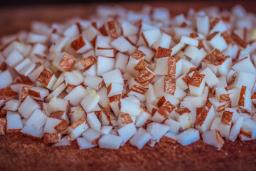 Coconut flesh pieces |  edible fruit of the coconut palm (Cocos nucifera), a tree of the palm...