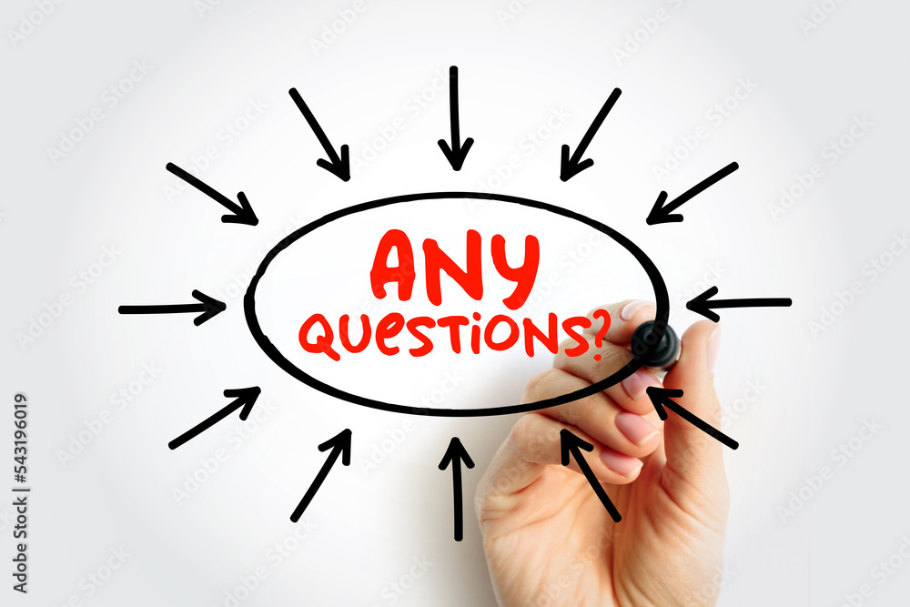 Poster any questions question text with arrows, concept for presentations and reports