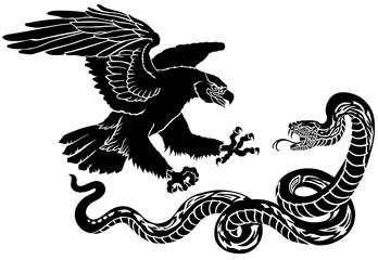 Eagle fighting with a snake serpent. Silhouette. Isolated vector illustration