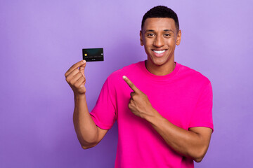 Photo of young charming macho attractive face toothy beaming smile rich influencer promoter advert new bank card offer isolated on violet color background