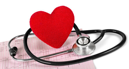 Stethoscope and red heart on Electrocardiogram report