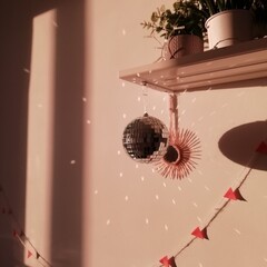 shelf with green home flowers in pots on white wall cosy home interior