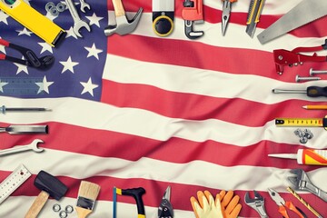 Set of tools and USA Flag Background