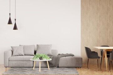 White Modern living room interior with stylish comfortable grey sofa,interior mock-up,wooden floor -3d rendering-