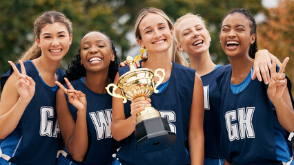 Netball, trophy and winner women with team portrait for success, goal and celebration for...