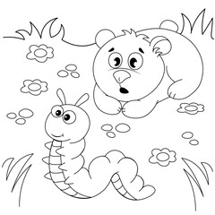 A cute little bear cub looks with surprise at a crawling caterpillar in a forest clearing. Coloring book for children