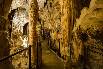 Under the ground. Beautiful view of stalactites and stalagmites in an underground cavern - Postojna cave, Slovenia, Europe