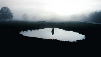 A haunted concept of the reflection of a man who isn't there. Standing by a pond. On a spooky mist evening in the countryside - obrazy, fototapety, plakaty