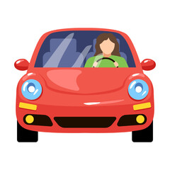 Front view of female driving car cartoon vector illustration. Female driver alone in car