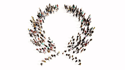 Conceptual large community of people forming an laurel wreaths image on white background. A 3d illustration metaphor for victory, winning, success, achievement, triumph, celebration or royal