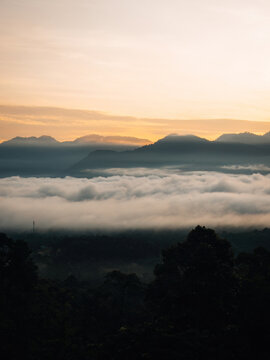 Sea Clouds During Golden Sunrise Above The Titiwangsa Range Mountains In Lenggong, Perak.