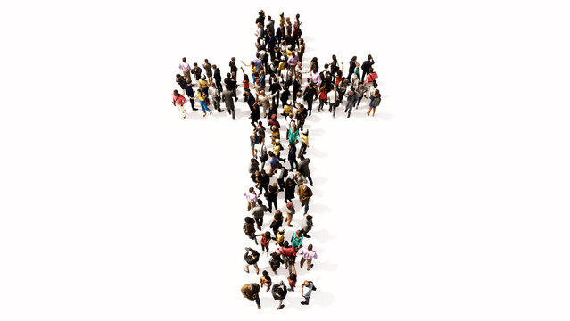 Concept or conceptual large community  of people forming the image of a religious christian cross. A 3d illustration metaphor for God, Christ, religion, spirituality, prayer, Jesus or belief