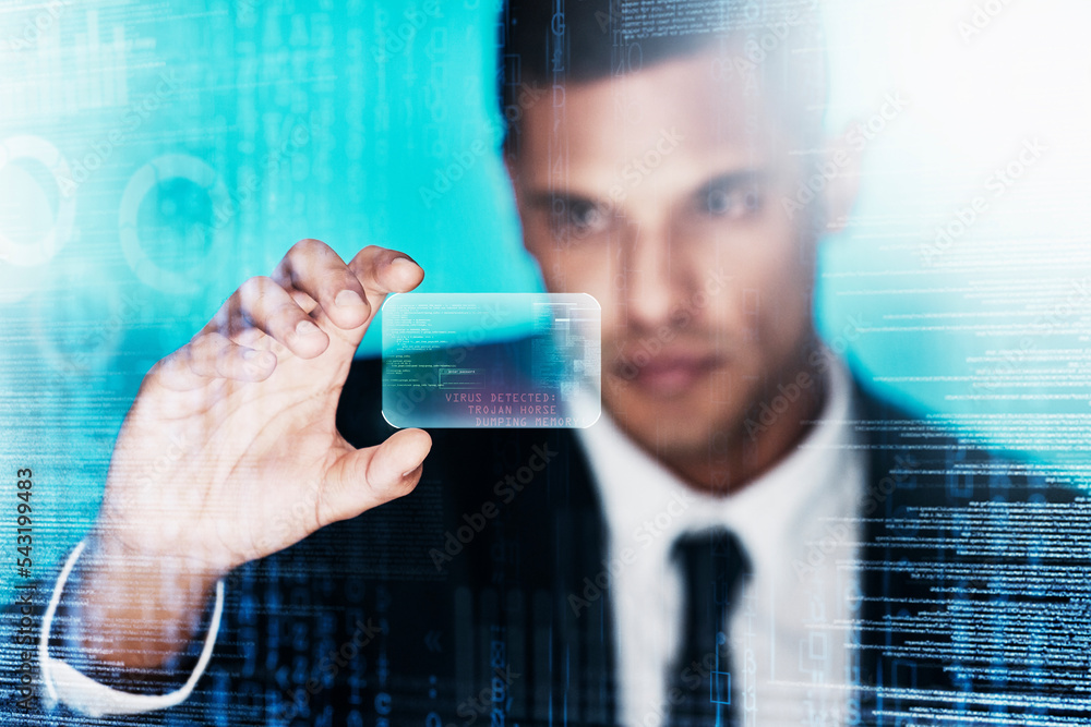 Fototapete Businessman, virus or code hack hologram in cybersecurity company with phishing error, scam analytics or trojan horse. Zoom, hand or programming developer with futuristic technology abstract firewall