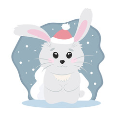 Vector illustration, cute rabbit in a Christmas hat on a winter snow-covered background with Christmas trees